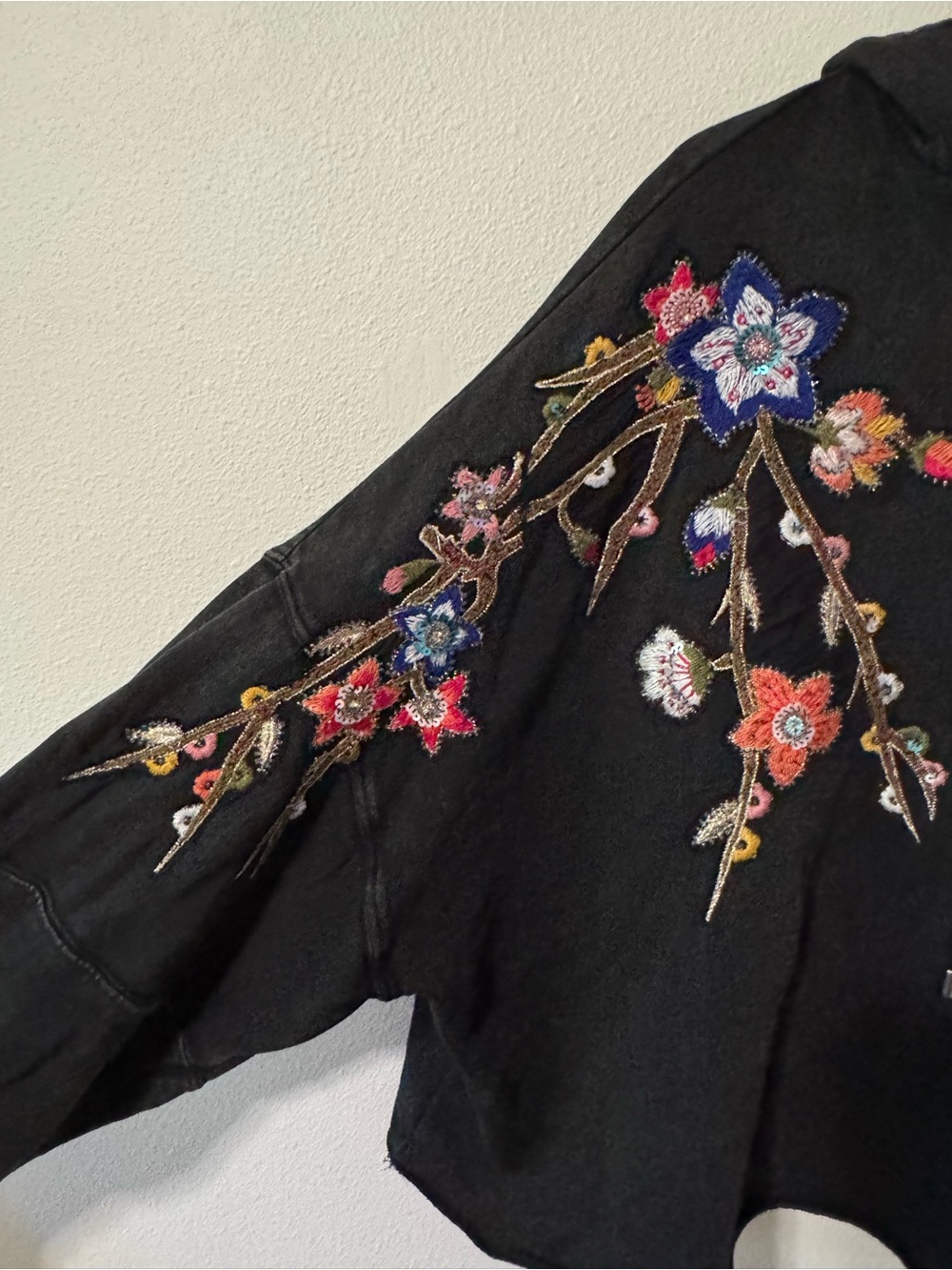 Free People Cherry Blossom Embroidered Beaded Sequin Hoodie Black Mineral-M/L - Picture 5 of 10